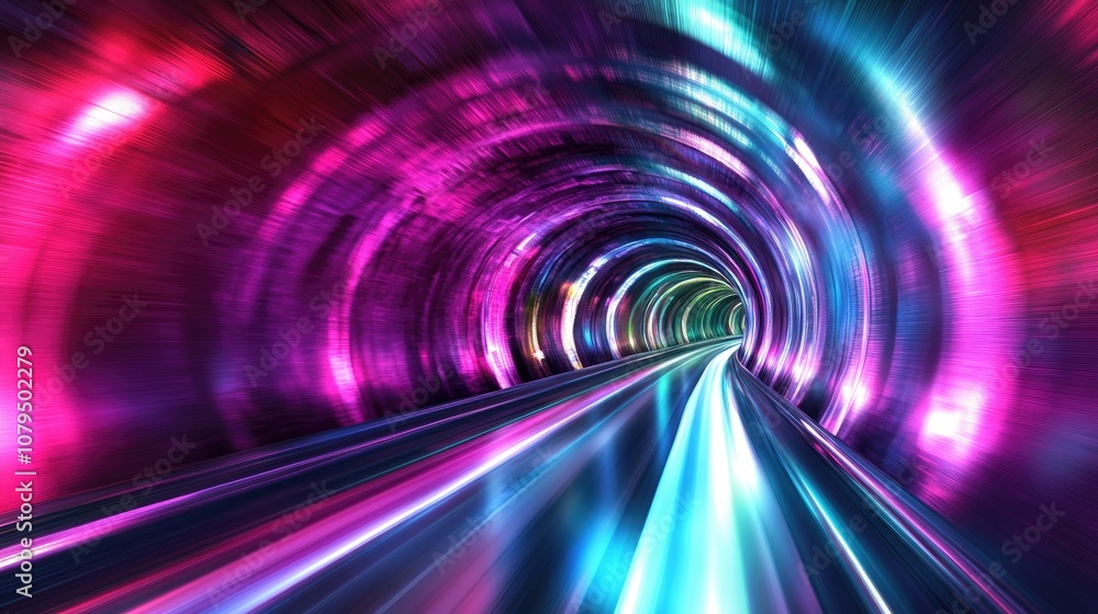 Abstract depiction of speed in a highway tunnel with blurred motion leading toward light Computer generated colorful illustration showcasing light trails and fiber optics technology Abstract depiction of speed in a highway tunnel with blurred motion leading toward light Computer generated colorful illustration showcasing light trails and fiber optics technology