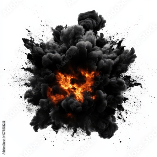 A dramatic explosion composed of dark smoke and fiery orange flames, creating an intense and chaotic visual effect.