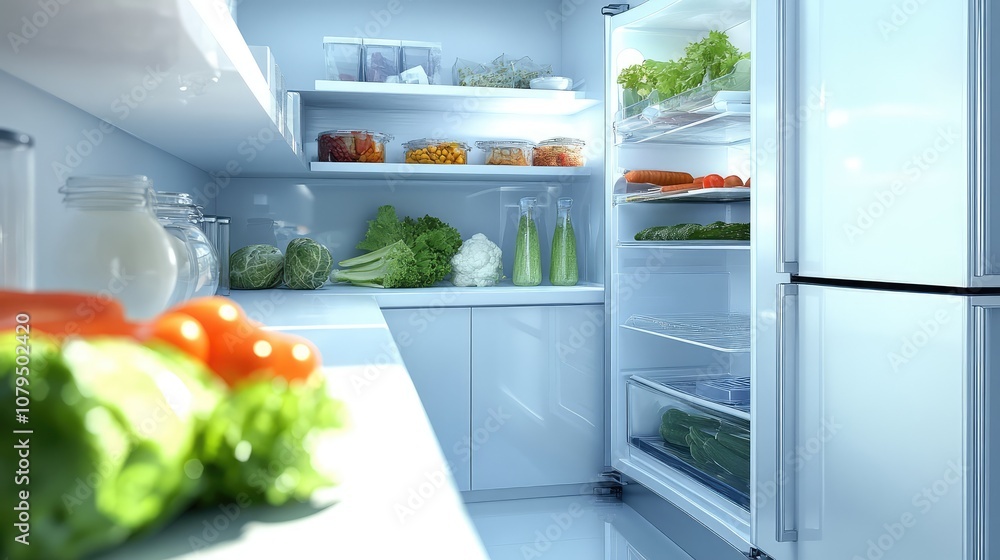 Bright and Modern Refrigerator Interior Displaying Fresh Vegetables and Fruits, Organized Shelving, Healthy Eating, and Contemporary Kitchen Design Bright and Modern Refrigerator Interior Displaying Fresh Vegetables and Fruits, Organized Shelving, Healthy Eating, and Contemporary Kitchen Design