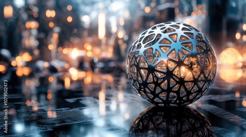 Abstract 3D rendering of a metallic sphere featuring a smooth lattice design set against a sci fi backdrop with futuristic elements