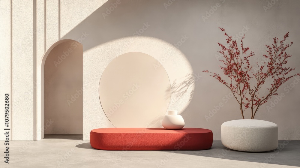 3D rendering of a minimalistic backdrop designed for cream cosmetics featuring a modern red podium 3D rendering of a minimalistic backdrop designed for cream cosmetics featuring a modern red podium