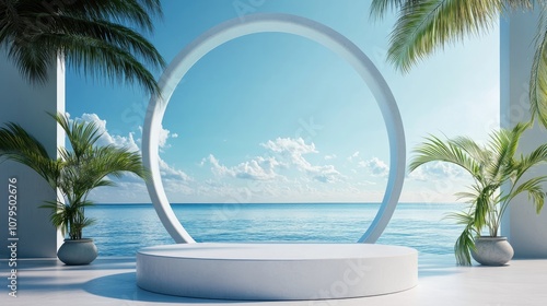 3D podium with space for product display against an abstract blue sky background Tropical summer and vacation theme Graphic art design