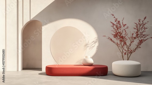 3D rendering of a minimalistic backdrop designed for cream cosmetics featuring a modern red podium