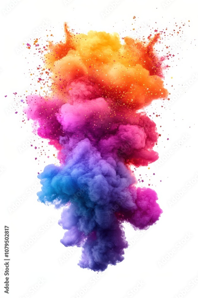 Bright, colorful explosion of smoke and dust, blending orange, pink, purple, and blue hues on a white background. Bright, colorful explosion of smoke and dust, blending orange, pink, purple, and blue hues on a white background.