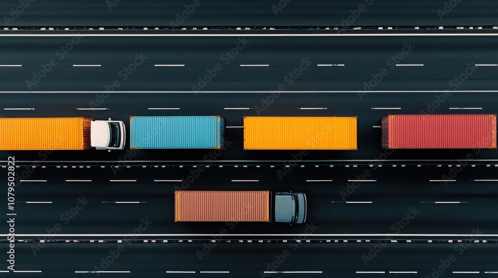 Transport action trucks and containers highway view aerial perspective commercial transport environment Transport action trucks and containers highway view aerial perspective commercial transport environment
