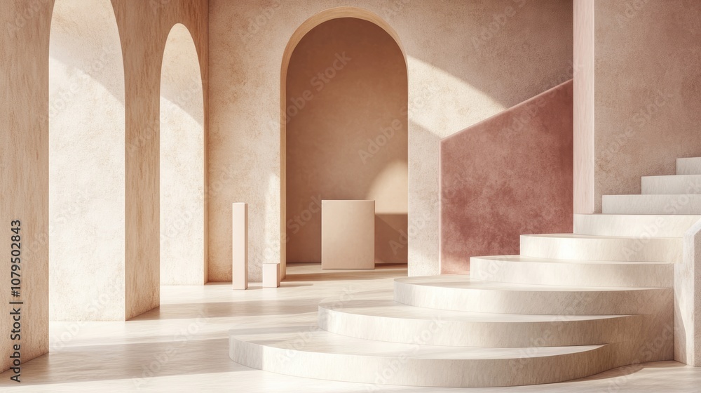 Studio featuring geometric shapes and an arched staircase with steps podium and showcase set against a soft pastel background for showcasing premium products 3D render Modern and stylish graphic d Studio featuring geometric shapes and an arched staircase with steps podium and showcase set against a soft pastel background for showcasing premium products 3D render Modern and stylish graphic d