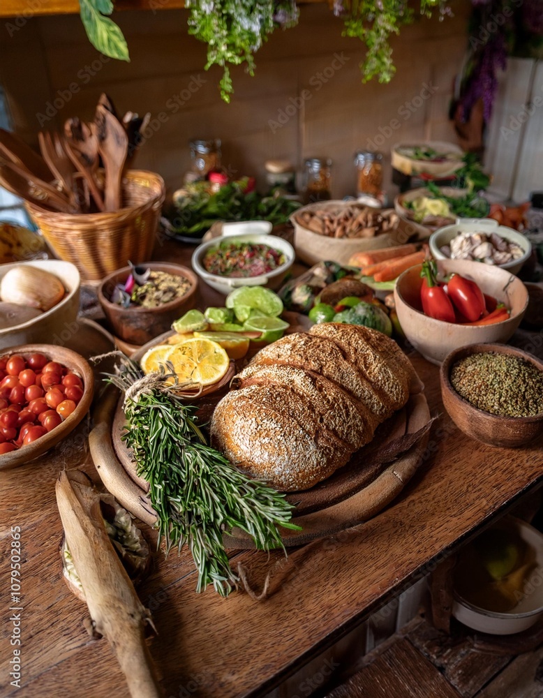 Rustic Farmhouse Kitchen Display Featuring Freshly Baked Vegan Bread, Organic Vegetables, and a Selection of Herbs and Spices for a Healthy Family Dinner Rustic Farmhouse Kitchen Display Featuring Freshly Baked Vegan Bread, Organic Vegetables, and a Selection of Herbs and Spices for a Healthy Family Dinner