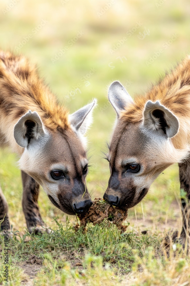 Two hyenas interacting in a grassy area, possibly sharing food or investigating something. Two hyenas interacting in a grassy area, possibly sharing food or investigating something.