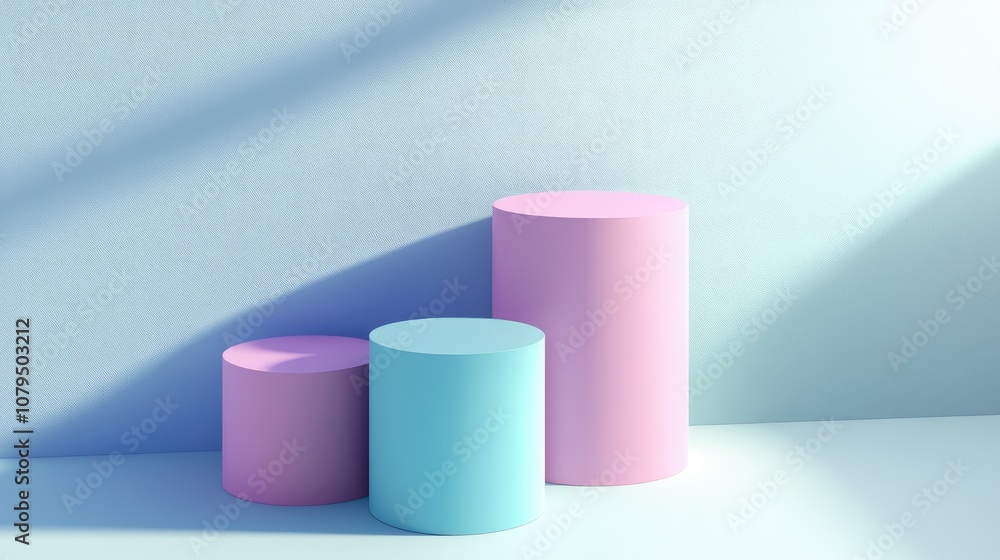 3D rendered cylinder podium on the floor with geometric shapes serving as platforms for product presentation and mockup featuring an abstract pastel background 3D rendered cylinder podium on the floor with geometric shapes serving as platforms for product presentation and mockup featuring an abstract pastel background