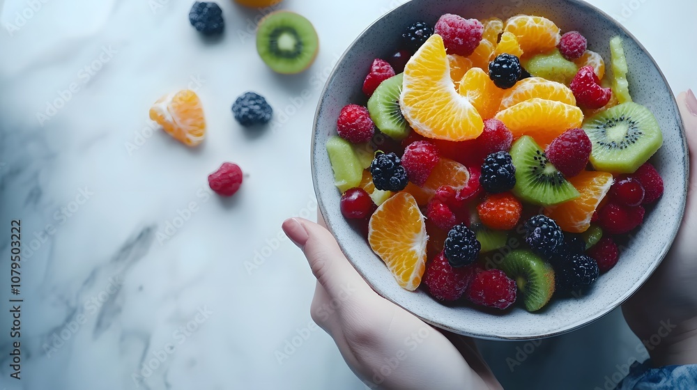 A food photographer capturing a close-up shot of a bowl of colorful fruit salad with berries, kiwi, and orange slices on a white marble surface.A food photographer capturing a close-up shot of a bowl A food photographer capturing a close-up shot of a bowl of colorful fruit salad with berries, kiwi, and orange slices on a white marble surface.A food photographer capturing a close-up shot of a bowl