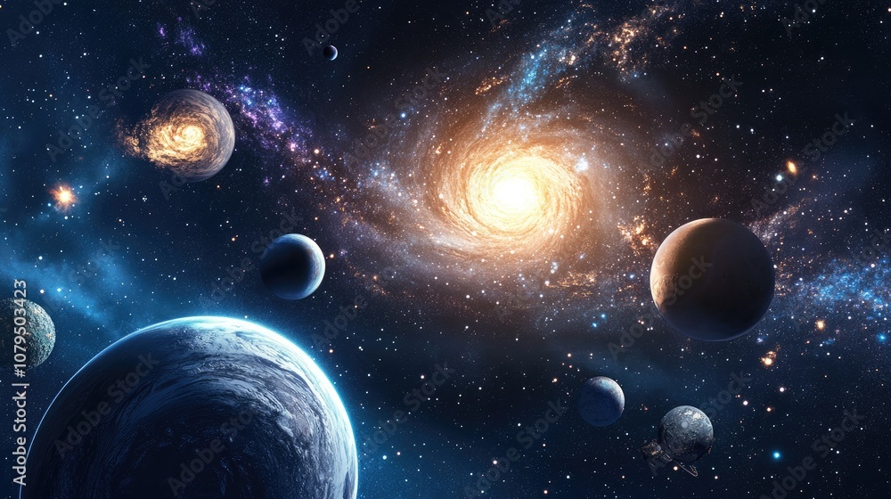 3D cartoon depiction of planets and galaxy in outer space 3D cartoon depiction of planets and galaxy in outer space