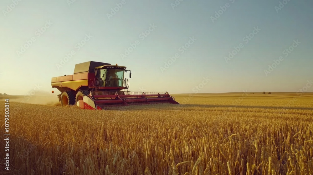 Naklejka premium Combine harvester tirelessly harvests golden wheat fields under the vast sky