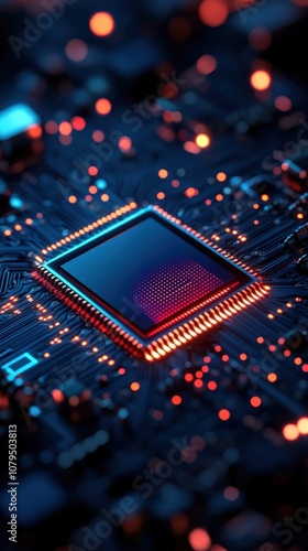 A close-up view of a modern microchip on a circuit board, illuminated with colorful lights, showcasing intricate electronic components.