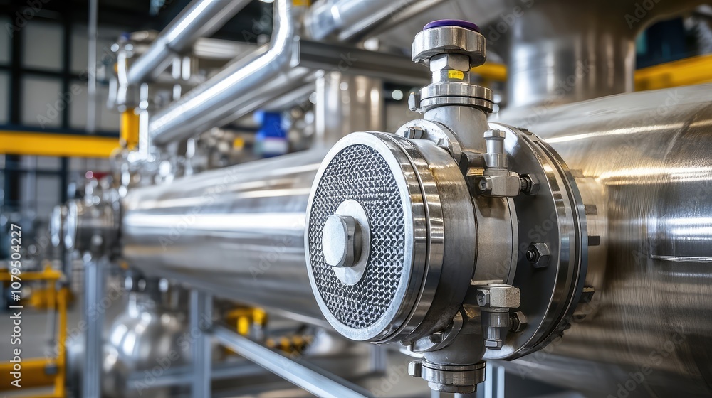 Industrial Pipe System with Valves, Flanges, and Fittings in Modern Factory Setting Showcasing Stainless Steel Components and Advanced Engineering Techniques Industrial Pipe System with Valves, Flanges, and Fittings in Modern Factory Setting Showcasing Stainless Steel Components and Advanced Engineering Techniques
