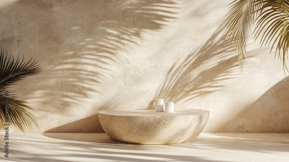 Minimalistic modern product showcase on a textured beige backdrop featuring shadows of palm leaves with 3D rendered podium for object placement Minimalistic modern product showcase on a textured beige backdrop featuring shadows of palm leaves with 3D rendered podium for object placement