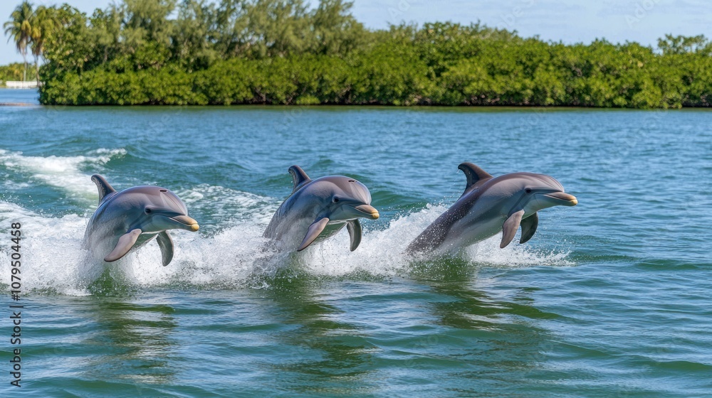Obraz premium Three dolphins leaping out of the water, showcasing their agility and playfulness.
