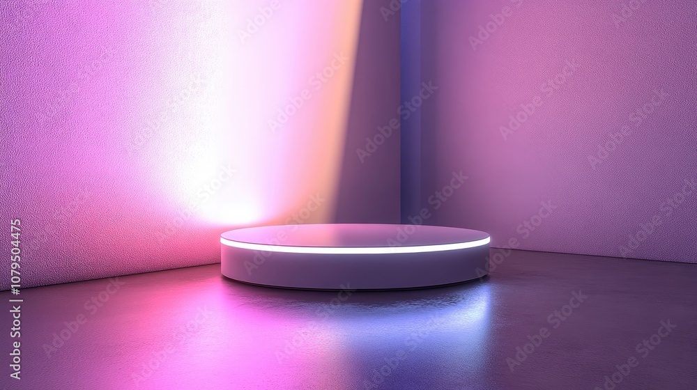 Futuristic Pedestal Display Stand for Products White Neon Illumination 3D Rendered Image Blurred Reflections on the Surface Ideal for Product Presentation Futuristic Pedestal Display Stand for Products White Neon Illumination 3D Rendered Image Blurred Reflections on the Surface Ideal for Product Presentation