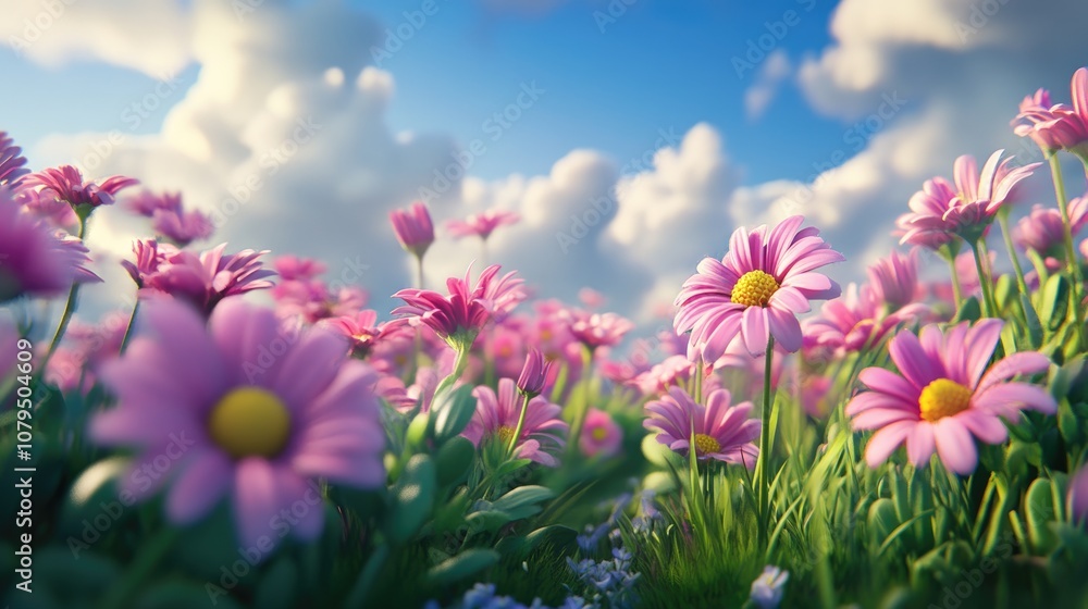 Pink flowers and garden in a 3D cartoon rendering Pink flowers and garden in a 3D cartoon rendering