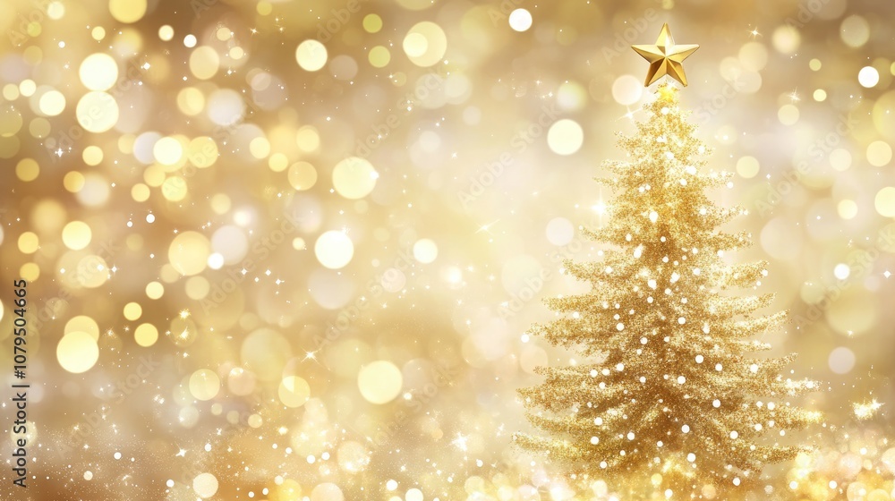 Festive Holiday Greeting with a Golden Christmas Tree Illustration Set Against a Soft Blurred Bokeh Backdrop Festive Holiday Greeting with a Golden Christmas Tree Illustration Set Against a Soft Blurred Bokeh Backdrop