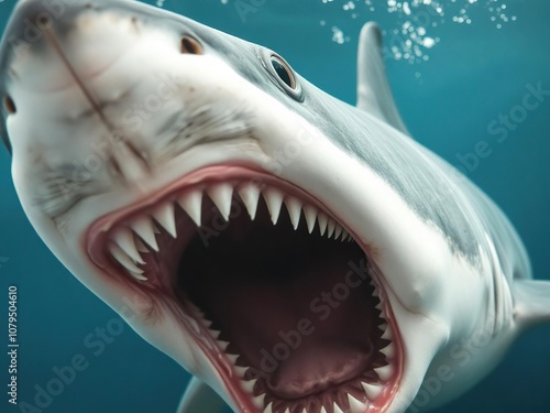Great white shark aggressively lunging towards camera with mouth open showing rows of sharp teeth, marine life, predator, hunting