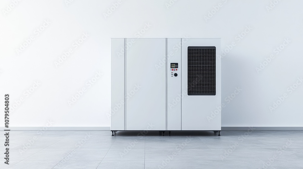 Modern White Air Conditioning Unit on Grey Floor in Minimalistic Interior Design Space, Perfect for Home or Office Cooling Solutions and Energy Efficiency