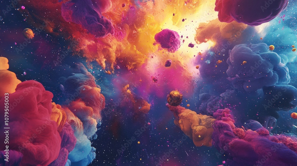 Abstract background featuring a 3D cartoon rendering with hand painted textures watercolor elements and paint splashes and smears Ideal for covers and packaging evoking themes of the galaxy univer Abstract background featuring a 3D cartoon rendering with hand painted textures watercolor elements and paint splashes and smears Ideal for covers and packaging evoking themes of the galaxy univer