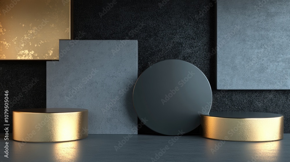 Φωτογραφία Abstract podium background featuring geometric shapes in black and gold Minimali