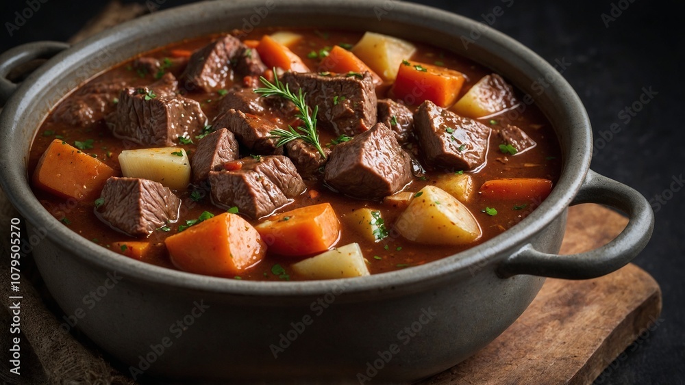 Beef stew with carrots and potatoes in a pot on a rustic wood serving board background Beef stew with carrots and potatoes in a pot on a rustic wood serving board background