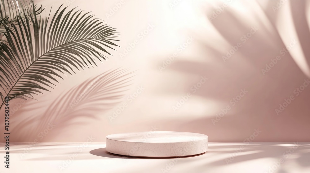 3D rendered illustration of an abstract geometric podium composition featuring palm leaf shadows on a pastel backdrop minimalist concept for product display luxury pedestal and branding mockup 3D rendered illustration of an abstract geometric podium composition featuring palm leaf shadows on a pastel backdrop minimalist concept for product display luxury pedestal and branding mockup