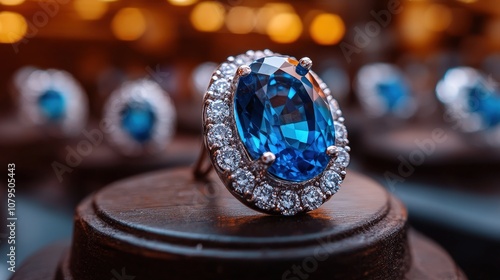 This image showcases a stunning sapphire ring surrounded by a beautiful halo of diamonds, set on a dark display base creating an elegant and luxurious atmosphere.