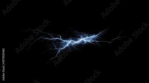 Isolated visual effect of an electric lightning strike against a black backdrop