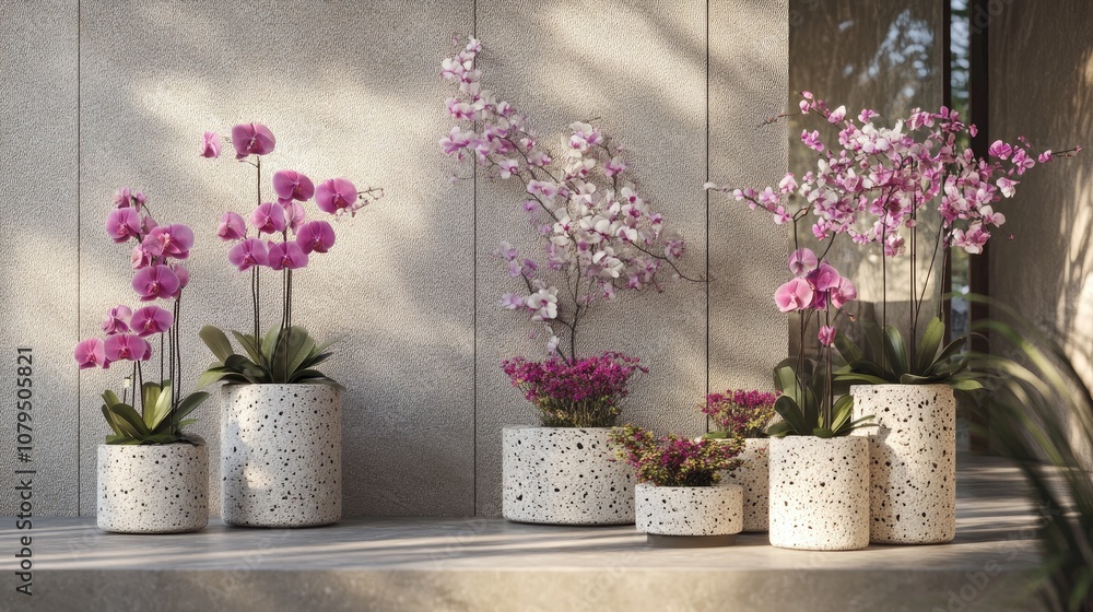 3D rendering of orchid flowers on stone pedestals 3D rendering of orchid flowers on stone pedestals