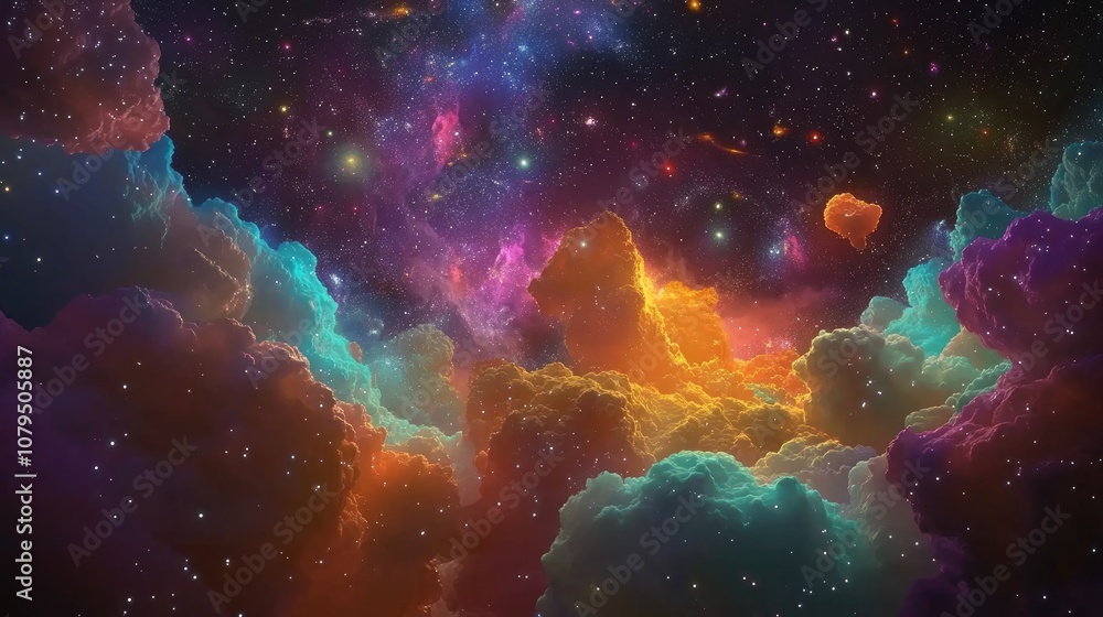 3D cartoon depiction of galaxies and nebulae in space 3D cartoon depiction of galaxies and nebulae in space