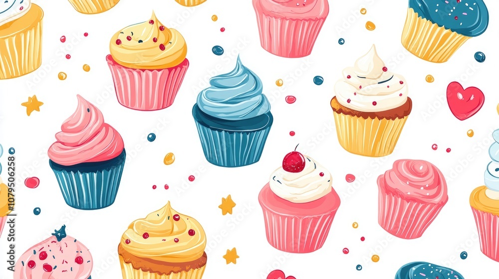 Colorful seamless pattern of cute raster cupcakes and muffins on a white background ideal for food related poster design Colorful seamless pattern of cute raster cupcakes and muffins on a white background ideal for food related poster design