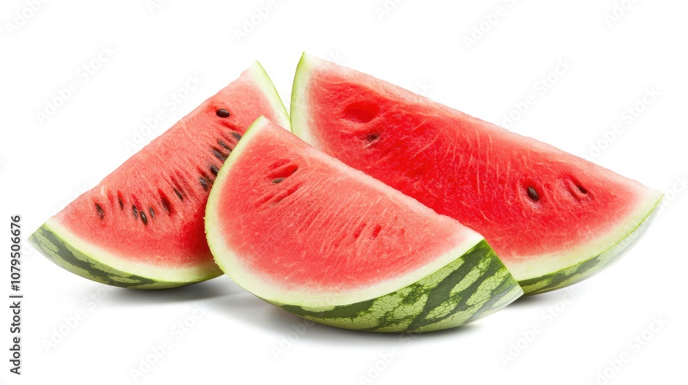 Fresh Watermelon Slices on White Background, Delicious Summer Fruit with Juicy Red Flesh and Green Rind, Perfect for Healthy Snacks and Refreshing Dishes Fresh Watermelon Slices on White Background, Delicious Summer Fruit with Juicy Red Flesh and Green Rind, Perfect for Healthy Snacks and Refreshing Dishes