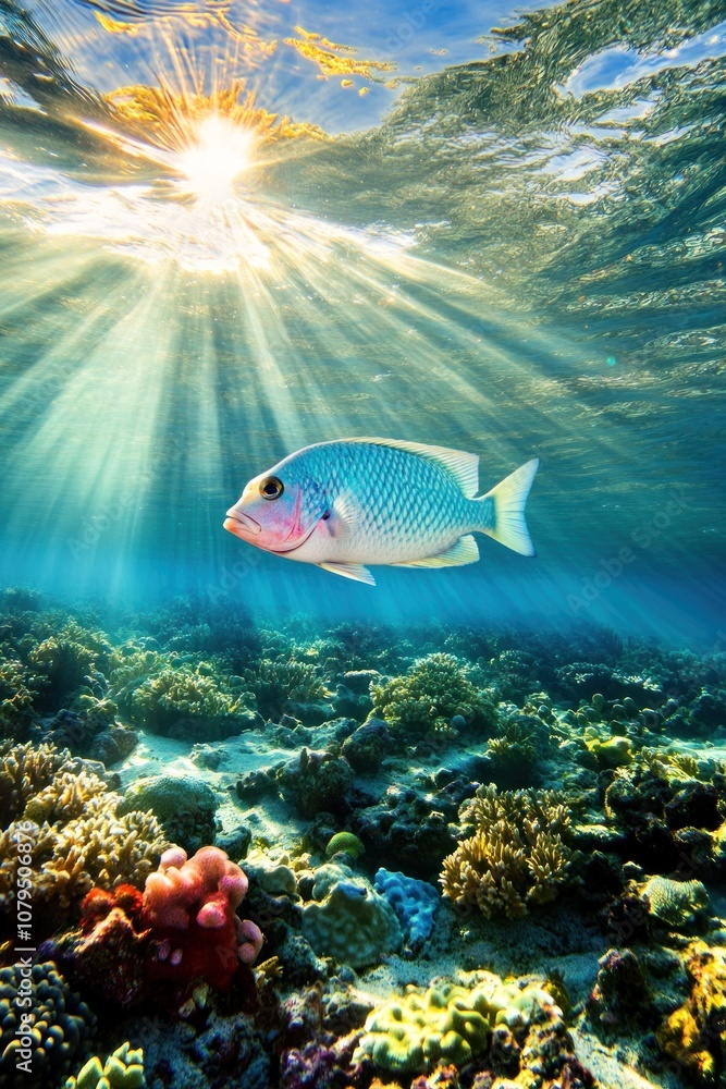 Fototapeta premium A vibrant underwater scene featuring a fish swimming among coral reefs with sunlight filtering through.