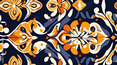 Seamless pattern featuring classic orange blue and yellow colors with traditional ornamental design