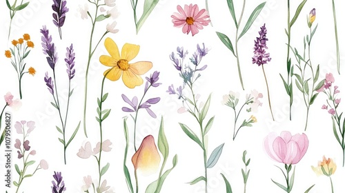 Seamless watercolor pattern featuring meadow herbs and flowers photo