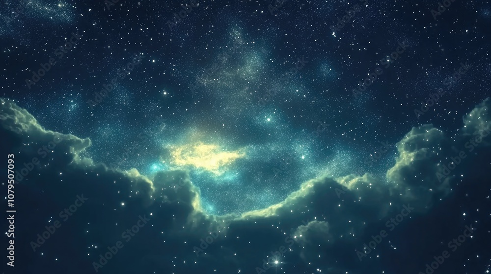 Obraz premium 3D illustration of a nebula and galaxy with stars in the night sky presented as a cartoon rendering