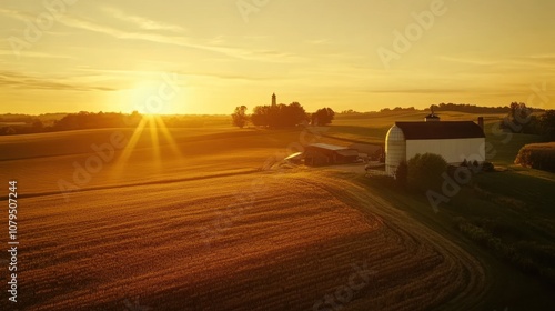 A white barn sits on a hilltop overlooking a field of golden wheat at sunset.