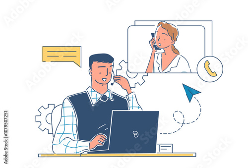 Customer support service. Man on phone answering womans question. Technical support and call center operator. Hot line service. Linear vector illustration isolated on white background