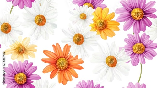 Seamless floral pattern design featuring colorful daisies on a white background