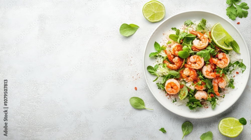 Fresh and Vibrant Shrimp Salad with Lime and Greens Served on a White Plate, Garnished with Fresh Ingredients Against a Light Gray Background Fresh and Vibrant Shrimp Salad with Lime and Greens Served on a White Plate, Garnished with Fresh Ingredients Against a Light Gray Background