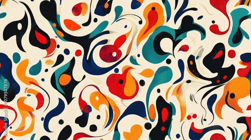 Seamless pattern of vibrant abstract designs on a cream backdrop ideal for textile and surface applications
