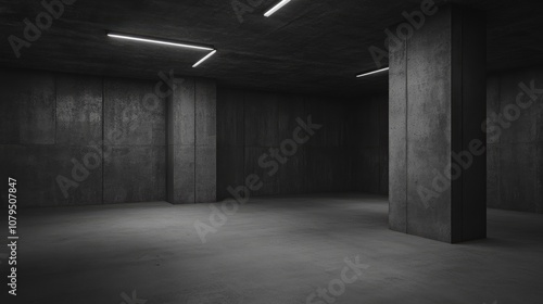 Empty interior of a dark concrete room Urban architectural background 3D render illustration