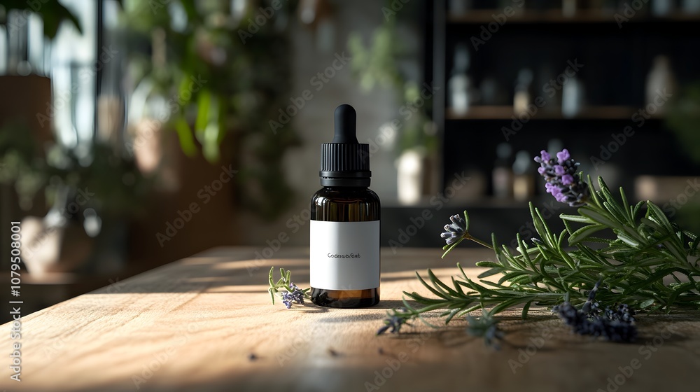 A bottle of essential oil sits on a wooden table with sprigs of lavender and rosemary. A bottle of essential oil sits on a wooden table with sprigs of lavender and rosemary.