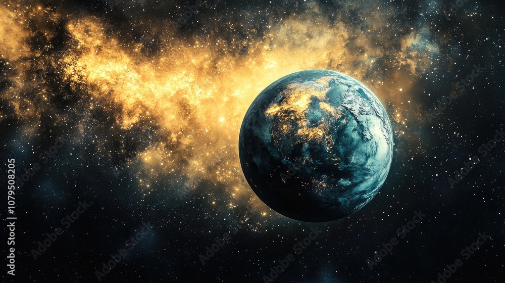 Fototapeta premium 3D illustration of a lost Exo Planet in another galaxy created in a cartoon rendering style