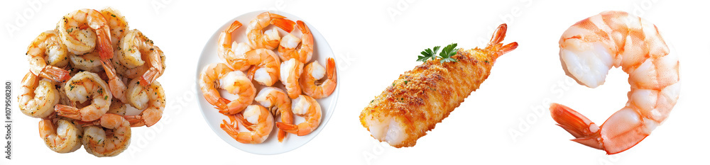 Tasty baked shrimp set collection on transparent cutout background, PNG file. Mockup clipart template Tasty baked shrimp set collection on transparent cutout background, PNG file. Mockup clipart template