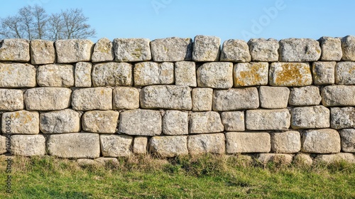 Detailed Stone Wall with Textured Surface and Green Grass Backdrop under Clear Blue Sky in a Natural Outdoor Setting