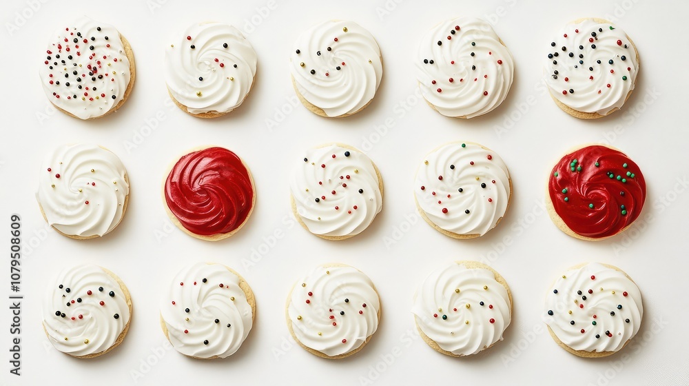 Colorful Swirled Frosted Cookies Arranged in a Pattern on White Background, Perfect for Holiday Celebrations, Desserts, and Sweet Treat Inspiration Colorful Swirled Frosted Cookies Arranged in a Pattern on White Background, Perfect for Holiday Celebrations, Desserts, and Sweet Treat Inspiration